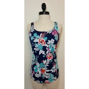 LANDS' END 1 piece Swimsuit Navy Blue Floral Built-In Bra Tropical Womens 10